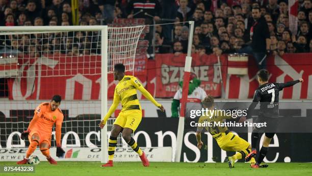 Josip Brekalo of Stuttgart scores his teams second goal against Roman Buerki of Dortmund during the Bundesliga match between VfB Stuttgart and...