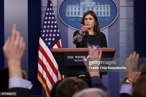 White House Press Secretary Sarah Huckabee Sanders takes reporters' questions during a news conference in the Brady Press Briefing Room at the White...