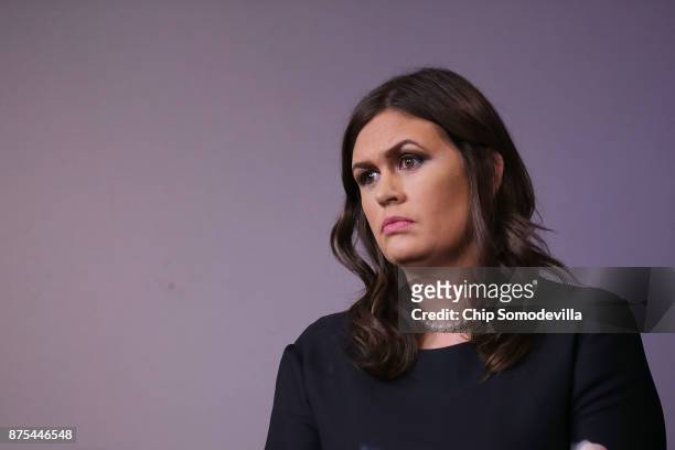 White House Press Secretary Sarah Huckabee Sanders looks on during a news conference in the Brady Press Briefing Room at the White House November 17,...