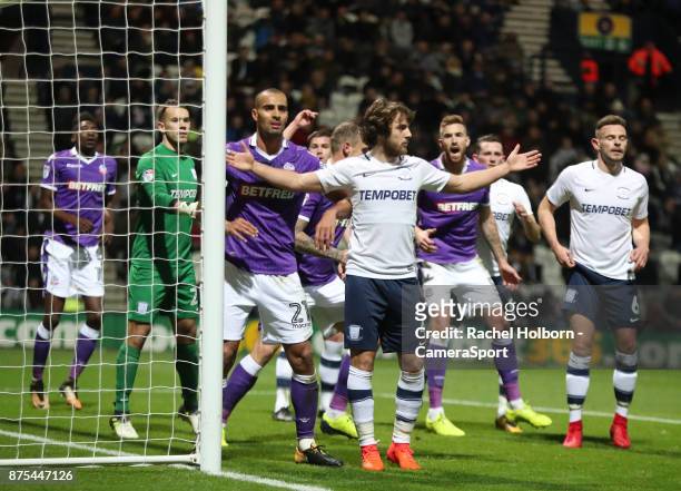 Bolton Wanderers' Darren Pratley pushes Preston North End's Ben Pearson before a corner during the Sky Bet Championship match between Preston North...