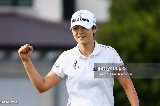 Sung Hyun Park of Korea reacts after an eagle on the 17th green during round two of the CME Group Tour Championship at the Tiburon Golf Club on...