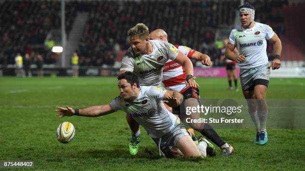 Saracens captain Brad Barritt jumps on a loose ball during the Aviva Premiership match between Gloucester Rugby and Saracens at Kingsholm Stadium on...