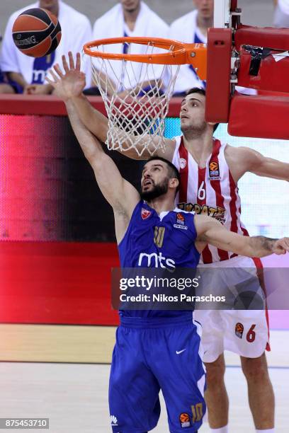 Ioannis Papapetrou, #6 of Olympiacos Piraeus competes with Branko Lazic, #10 of Crvena Zvezda mts Belgrade during the 2017/2018 Turkish Airlines...