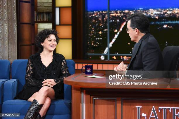 The Late Show with Stephen Colbert and guest Alia Shawkat during Wednesday's November 15, 2017 show.