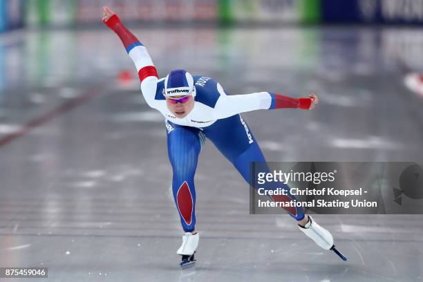 Olga Fatkulina of Russia competes in the ladies 1000m Division A race of Day 1 of the ISU World Cup Speed Skating at Soermarka Arena on November 17,...