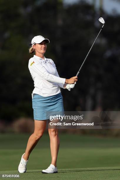 Sarah Jane Smith of Australia plays a shot on the 18th hole during round two of the CME Group Tour Championship at the Tiburon Golf Club on November...