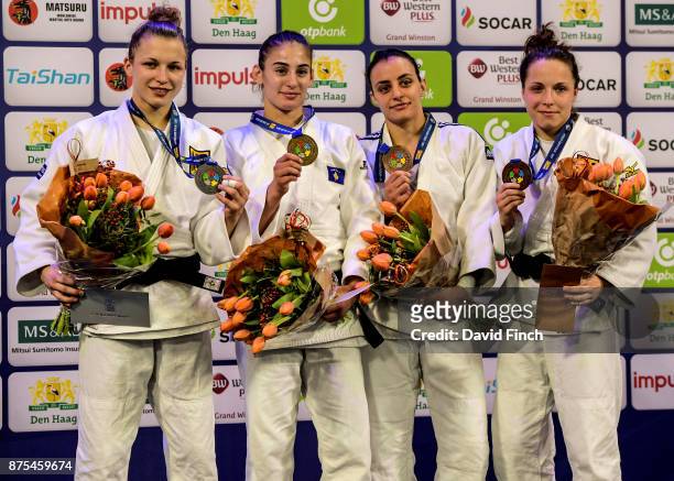 Under 57kg medallists L-R: Silver; Theresa Stoll of Germany, Gold; Nora Gjakova of Kosovo, Bronzes; Martina Lo Giudice of Italy and Amelie Stoll of...