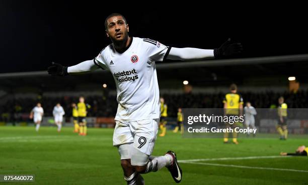 BLeon Clarke of Sheffield United celebrates scoring his team's 3rd goal during the Sky Bet Championship match between Burton Albion and Sheffield...