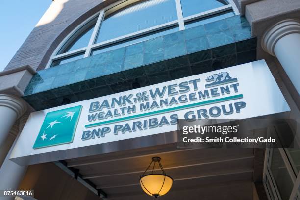 Sign with logo for Wealth Management branch of Bank of the West, a division of BNP Paribas Group, off of University Avenue in Silicon Valley, Palo...