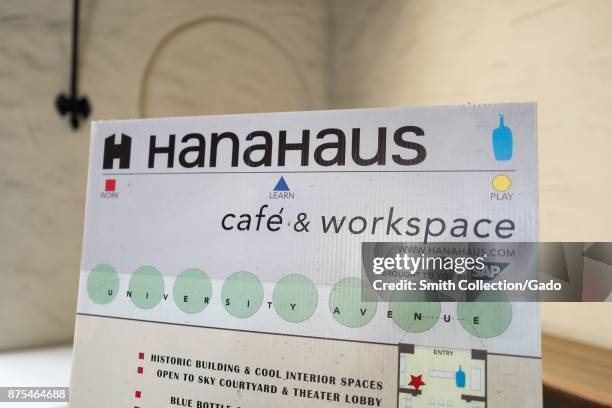 Close-up of sign for HanaHouse co-working space, created by German company SAP, at the Blue Bottle Coffee shop in Silicon Valley, Palo Alto,...