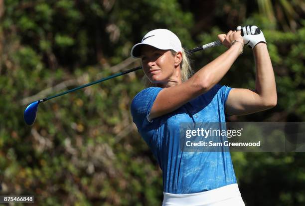 Suzann Pettersen of Norway plays her shot from the seventh tee during round two of the CME Group Tour Championship at the Tiburon Golf Club on...