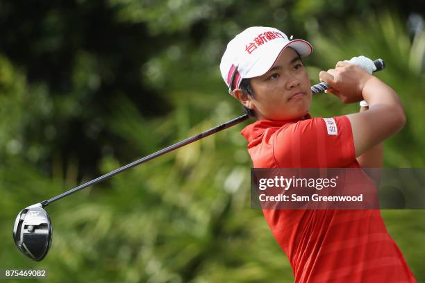 Peiyun Chien of Taiwan plays her shot from the 15th tee during round two of the CME Group Tour Championship at the Tiburon Golf Club on November 17,...