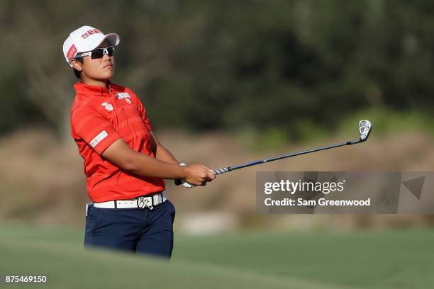 Peiyun Chien of Taiwan plays a shot on the 18th hole during round two of the CME Group Tour Championship at the Tiburon Golf Club on November 17,...