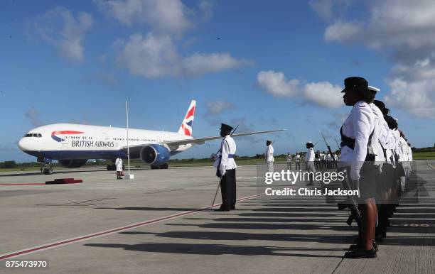 Prince Charles, Prince of Wales arrives on a British Airways flight into VC Bird International Airport on November 17, 2017 in Antigua, Antigua and...