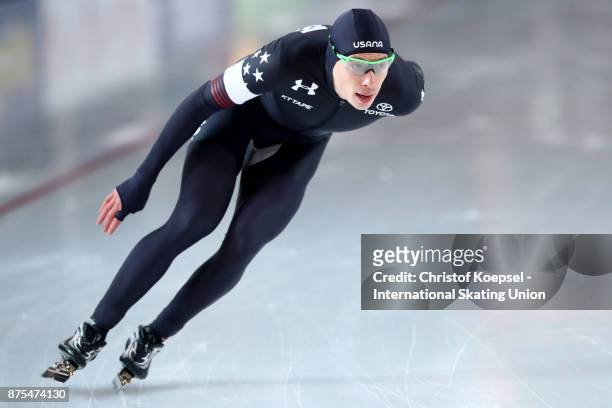 Brian Hansen of the United States competes in the men 1000m Division A race of Day 1 of the ISU World Cup Speed Skating at Soermarka Arena on...