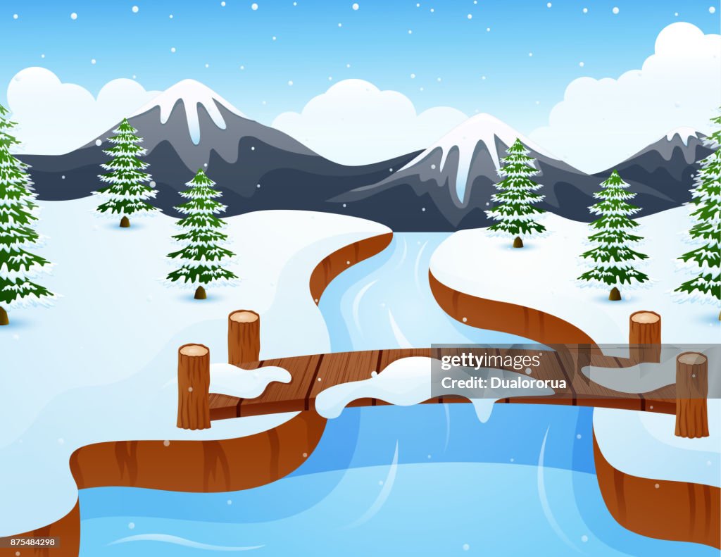 Dibujos Animados De Invierno Paisaje Con Montañas Y El Pequeño Puente De  Madera Sobre El Río Ilustración de stock - Getty Images