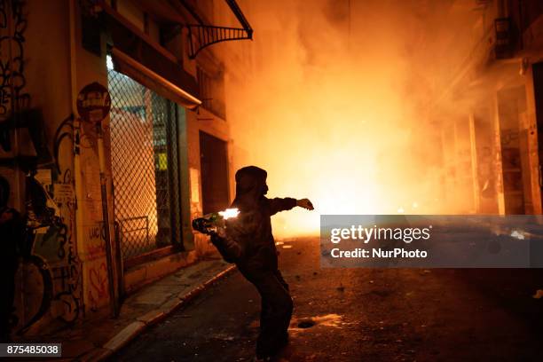 Youth clash with police during the polytechnic uprising commemoration in Athens, Greece on November 17, 2017. Violence broke out in the Greek capital...