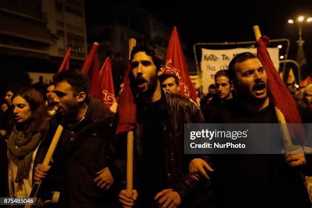 Protesters march to the US Embassy in Athens, Greece on November 17, 2017. Violence broke out in the Greek capital following the annual US Embassy...