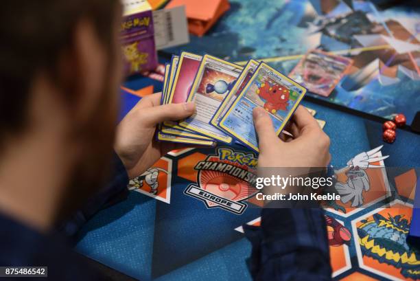 Attendees compete at the Pokemon European International Championships at ExCel on November 17, 2017 in London, England. Thousands of competitors from...