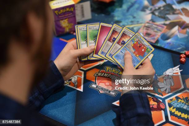 Attendees compete at the Pokemon European International Championships at ExCel on November 17, 2017 in London, England. Thousands of competitors from...