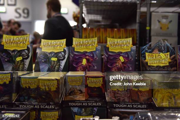 Packects of Dragon Shield cards on sale at the Pokemon European International Championships at ExCel on November 17, 2017 in London, England....