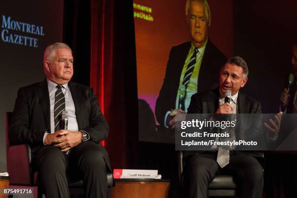 Florida Panthers and Detroit Red Wings general managers Dale Tallon and Ken Holland speak during a Q&A with host Pierre Houde part of the NHL...