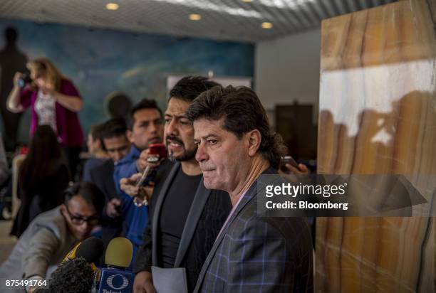 Jerry Dias, president of the Unifor union, speaks to members of the media during the fifth round of North American Free Trade Agreement...