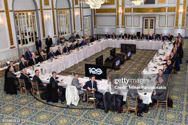 General managers and dignitaries from the National Hockey League attend a meeting during the NHL Centennial 100 Celebration at the Windsor Hotel on...