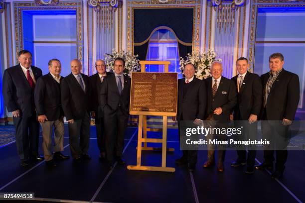 Frank Mahovlich , Rod Gilbert, Dave Keon, NHL deputy commissioner Bill Daly, president and owner of the Montreal Canadiens Geoff Molson, NHL...