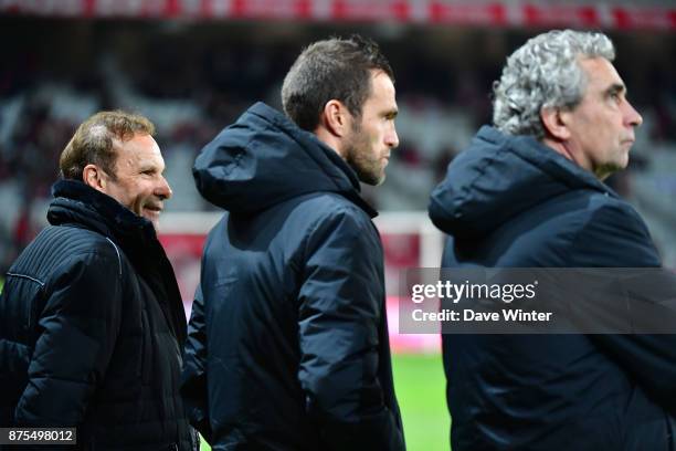 St Etienne co-president Roland Romeyer, St Etienne temporary coach Julien Sable and St Etienne sporting director Dominique Rocheteau during the Ligue...