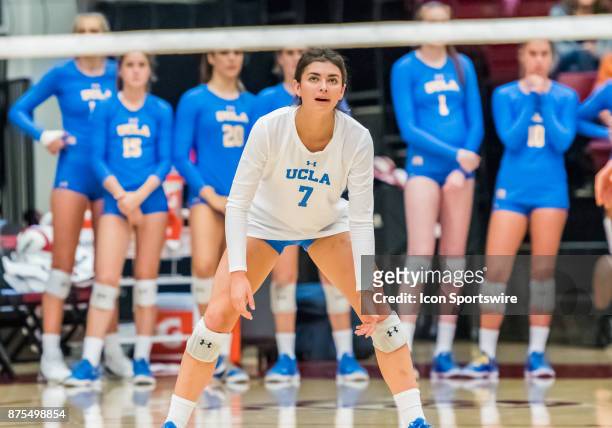 Setter Zana Muno sets for a serve during the regular match between the UCLA Bruins and the Stanford Cardinals on Thursday, November 16, 2017 at...