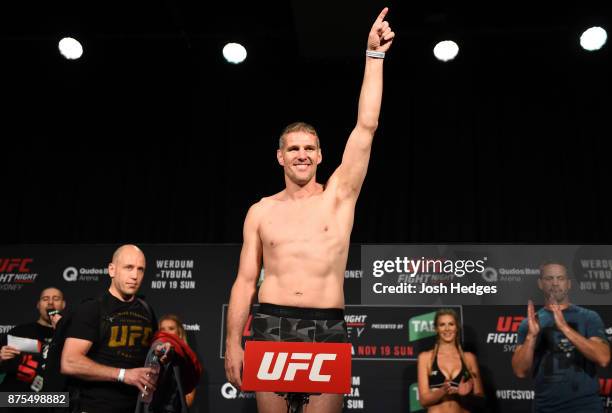 Daniel Kelly of Australia poses on the scale during the UFC Fight Night weigh-in on November 18, 2017 in Sydney, Australia.