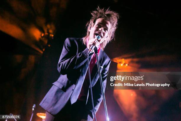 Rou Reynolds of Enter Shikari performs on stage at Motorpoint Arena on November 17, 2017 in Cardiff, Wales.