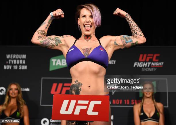 Bec Rawlings of Australia poses on the scale during the UFC Fight Night weigh-in on November 18, 2017 in Sydney, Australia.