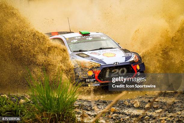 Hayden Padden and co-driver Sebastian Marshall of Hyundai Motorsport cross a creek during the Pilbara Stage on day one of the Rally Australia round...