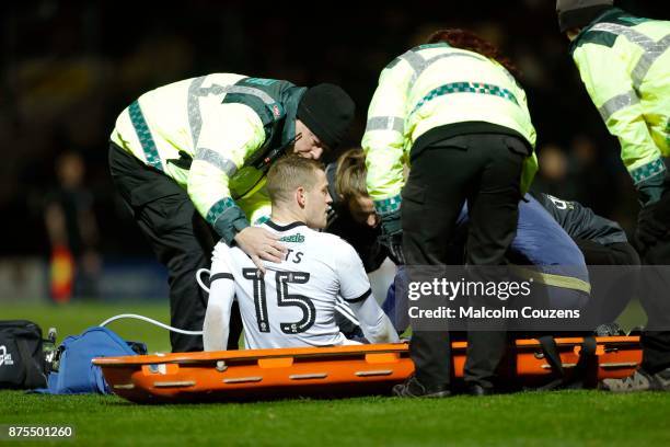 Paul Coutts of Sheffield United looks up before being taken from the field on a stretcher with a broken leg during the Sky Bet Championship match...