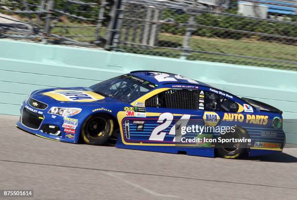 Chase Elliott runs during practice for the NASCAR Monster Energy Series Series - Ford EcoBoost 400 on November 17, 2017 at Homestead Miami Speedway,...