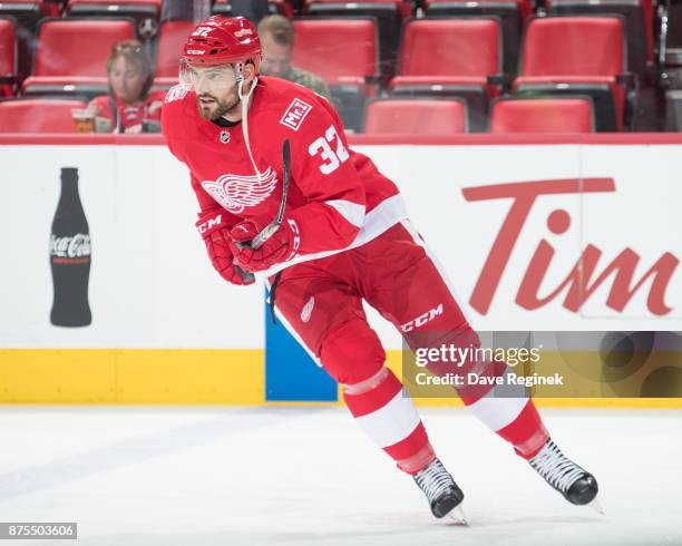 Brian Lashoff of the Detroit Red Wings skates in warm-ups prior to an NHL game against the Buffalo Sabres at Little Caesars Arena on November 17,...