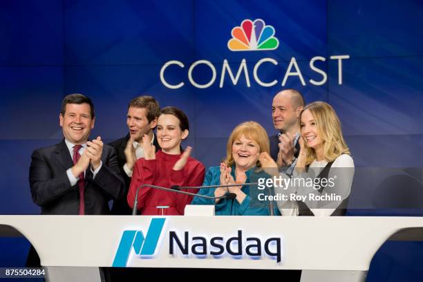 Nasdaq Executive Bob McCooey with Joanne Froggatt, Allen Leech, Lesley Nicol, Gareth Neame and Sophie McShera from the cast of "Downton Abbey" ring...