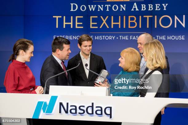 Nasdaq Executive Bob McCooey with Joanne Froggatt, Allen Leech, Lesley Nicol, Gareth Neame and Sophie McShera from the cast of "Downton Abbey" ring...