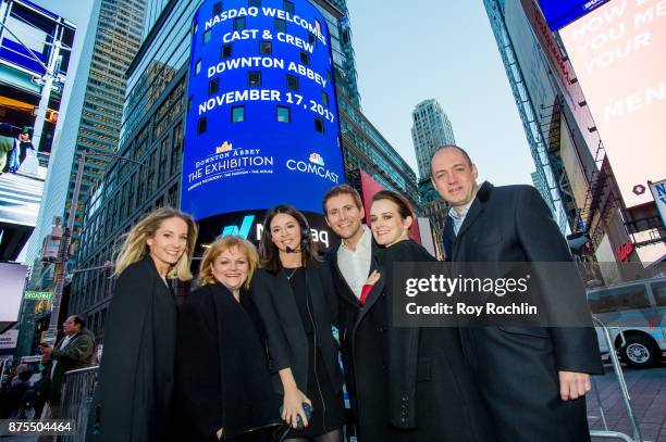 Joanne Froggatt, Allen Leech, Lesley Nicol, Gareth Neame and Sophie McShera from the cast of "Downton Abbey" with Nasdaq host Gabbie Bustamante ring...