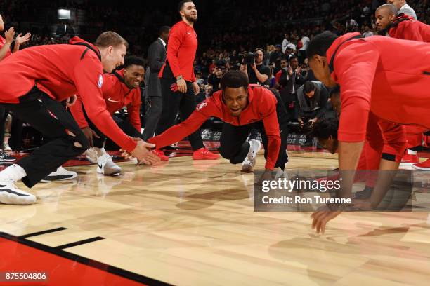 Kyle Lowry of the Toronto Raptors gets introduced before the game against the New York Knicks on November 17, 2017 at the Air Canada Centre in...