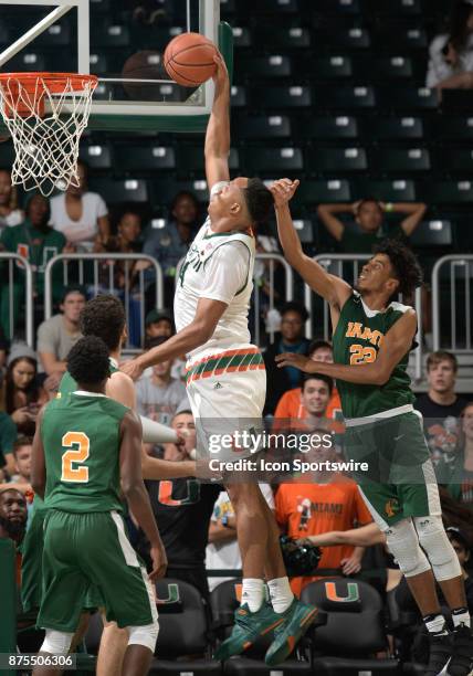 Miami center Rodney Miller, Jr. Dunks during a college basketball game between the Florida A&M University Rattlers and the University of Miami...