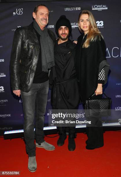 Goetz Elbertzhagen, Apjar Black and Lydia Becker attend the Apjar Black studio opening on November 17, 2017 in Berlin, Germany.