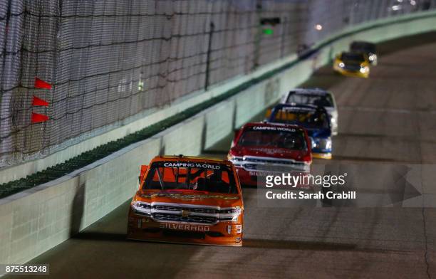 Chris Windom, driver of the Baldwin Brothers/Fr8Auctions Chevrolet, leads a pack of trucks during the NASCAR Camping World Truck Series Championship...