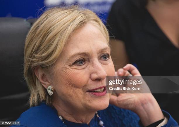 Former U.S. Secretary of State Hillary Rodham Clinton signs copies of her new book 'What Happened' at BookPeople on November 17, 2017 in Austin,...