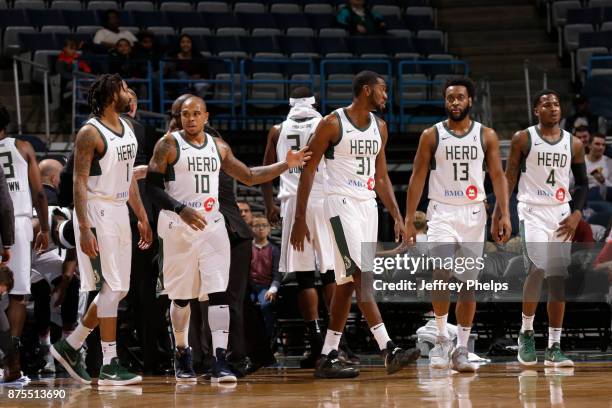 Members of the Wisconsin Herd against the Windy City Bulls during an NBA G-League game on November 17, 2017 at the Bradley Center in Milwaukee,...