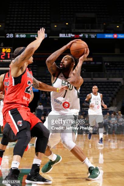 James Young of the Wisconsin Herd drives against Derick Newton of the Windy City Bulls during an NBA G-League game on November 17, 2017 at the...