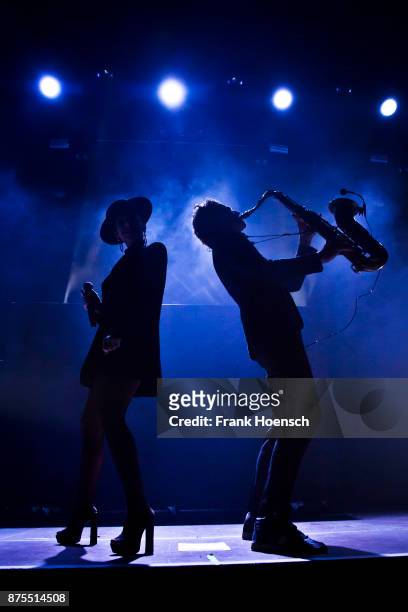 Cleo Panther and Max The Sax of the Austrian band Parov Stelar perform live on stage during a concert at the Velodrom on November 17, 2017 in Berlin,...