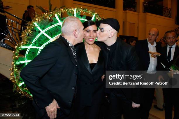 Jean-Paul Gaultier, Blanca Li and Ali Mahdavi pose in front of Jean-Paul's Christmas Tree during the 22th Edition of "'Les Sapins de Noel des...